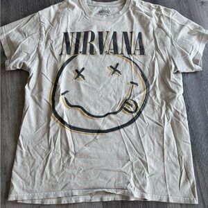 NIRVANA Tan Tee with Black Smiley Graphic